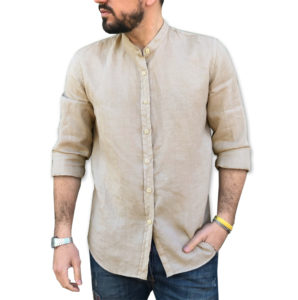camicia lino sabbia collo coreana 100% lino