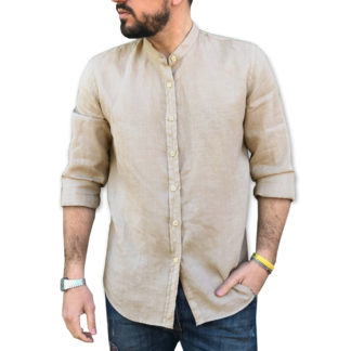 camicia lino sabbia collo coreana 100% lino