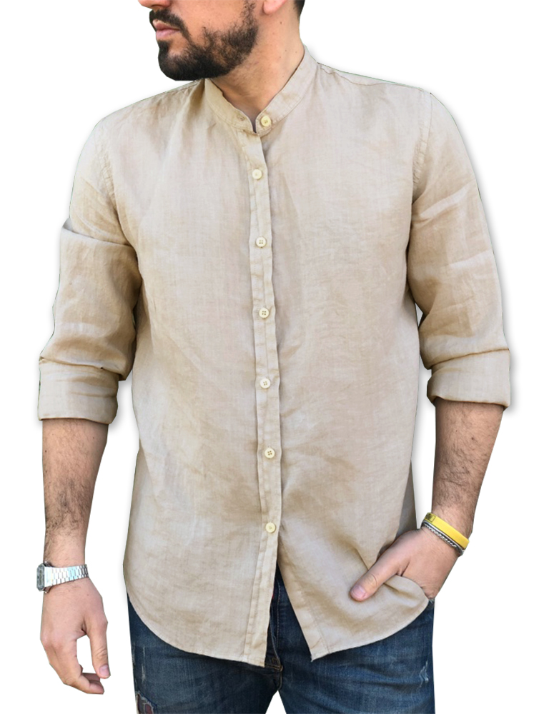 Camicia Lino Uomo Slim Fit Estiva Collo Coreana Maglietta Taglie Forti Hawaii Camicia Tinta Unita Manica Lunga Maglia Leggera T-Shirt Bottoni Henley Shirts Traspirante Hippie Camicia Vacanza Spiaggia